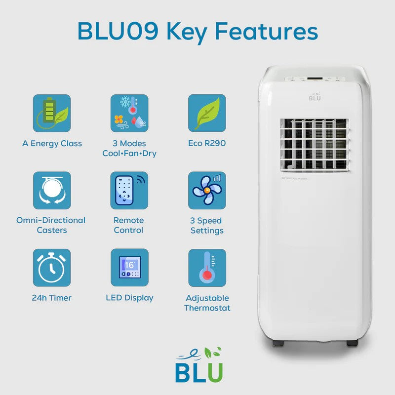 BLU09 Portable Air Conditioner 2.5kW - Cool, Fan and Dehumidify